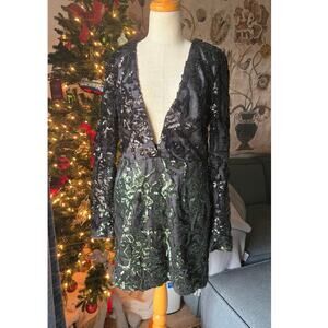 NWT NBD Gavin Green Black Sequin Plunge Mini Dress Size L